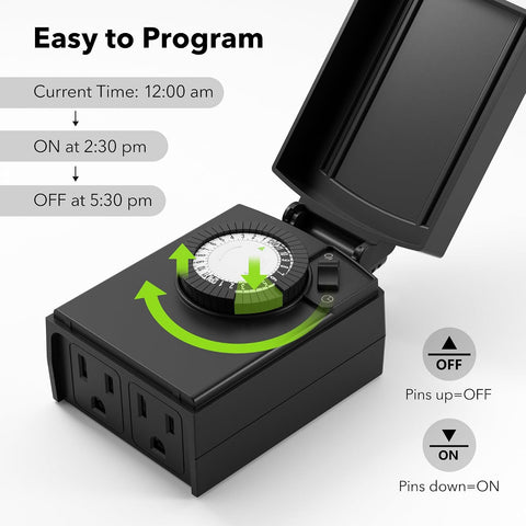 BN-LINK Outdoor 24-Hour Mechanical Timer Outlet, 2 Grounded Outlets