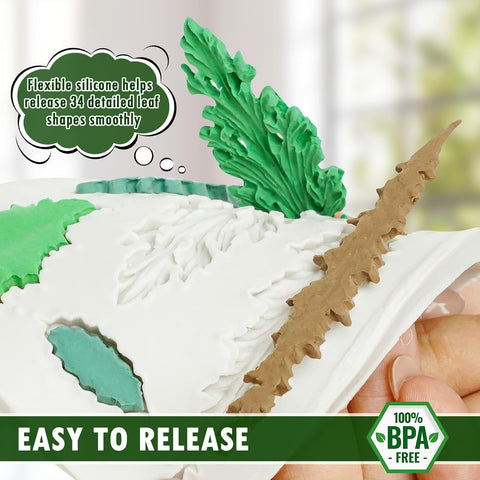 HKNMTT Leaf Fondant Silicone Mold Small Maple Shapes, 34 Cavity Tree Fern Leaves Rose Flower for Cake Cupcake Topper Craft Decorating Sugar Candy Clay Plant Moulds DIY BPA Free