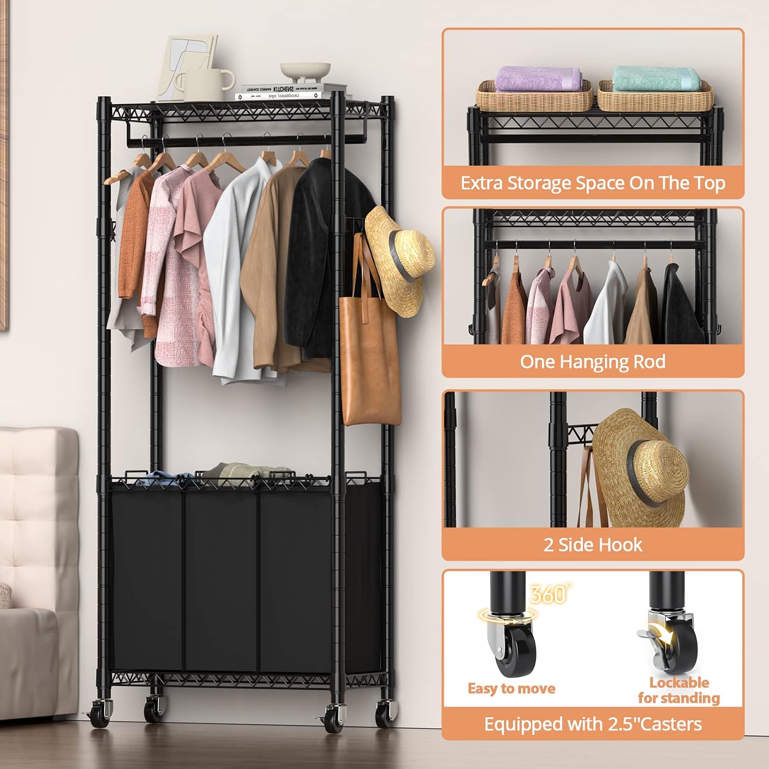 Hodonas Rolling Laundry Basket with Wheels and Hanging Bar, Black