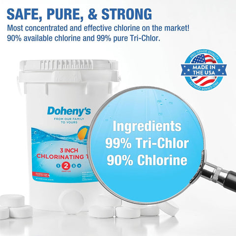 Doheny’s 3-Inch Stabilized Chlorine Tablets | 99% Pure Tri-Chlor, 90% Available Chlorine | Long-Lasting, UV-Protected, Slow-Dissolving Pool Sanitizer | Individually Wrapped, Childproof 8lb Bucket