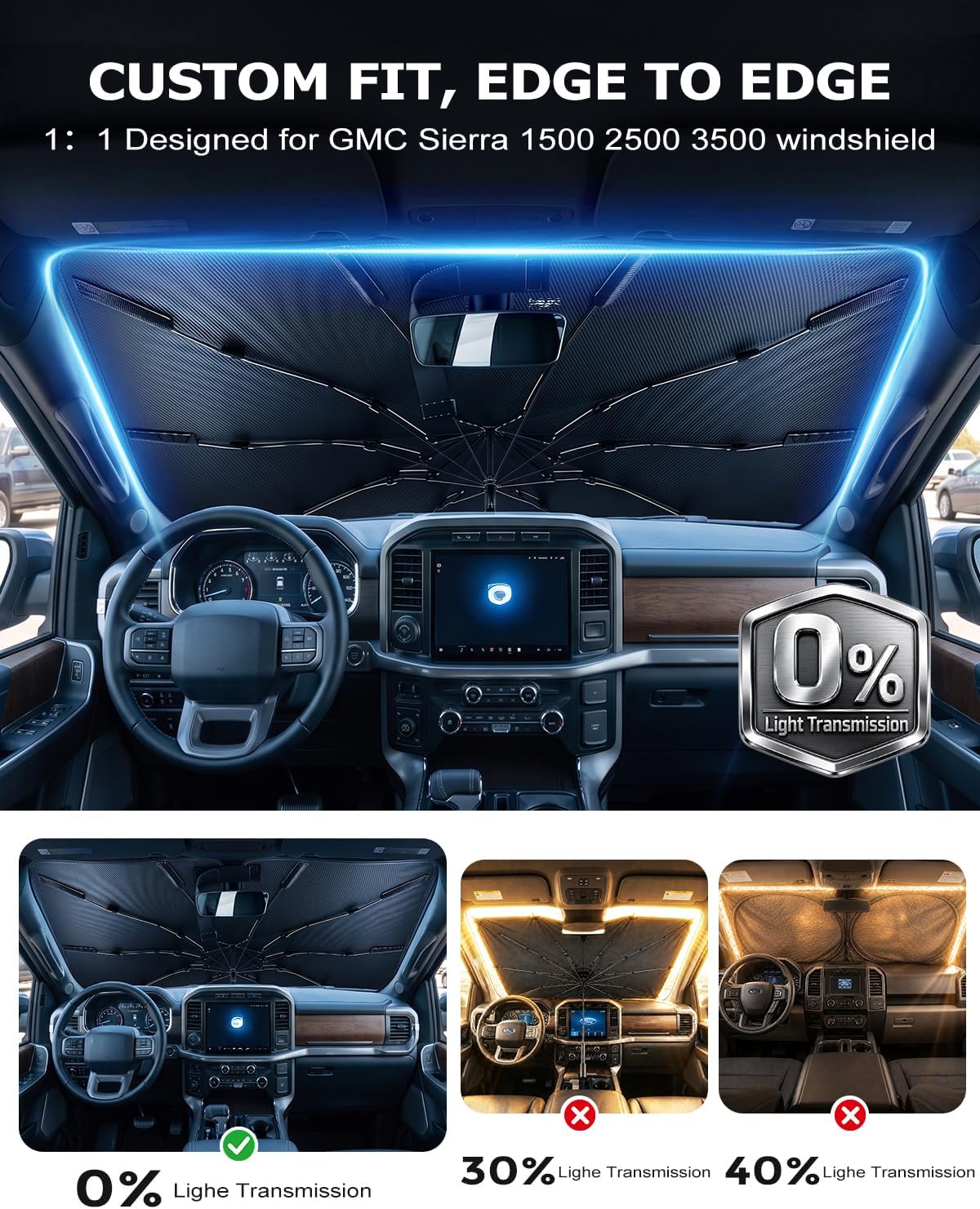 DMJN Umbrella Windshield Sun Shade for GMC Sierra 1500 2500 3500 (2014-2026), Car Sunshade for Front Windshield [Nano Ice-Crystal Coatings] UPF50+ Heat & UV Block, Protect Interior & Keep Cooler