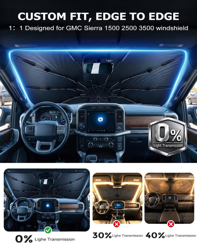DMJN Umbrella Windshield Sun Shade for GMC Sierra 1500 2500 3500 (2014-2026), Car Sunshade for Front Windshield [Nano Ice-Crystal Coatings] UPF50+ Heat & UV Block, Protect Interior & Keep Cooler