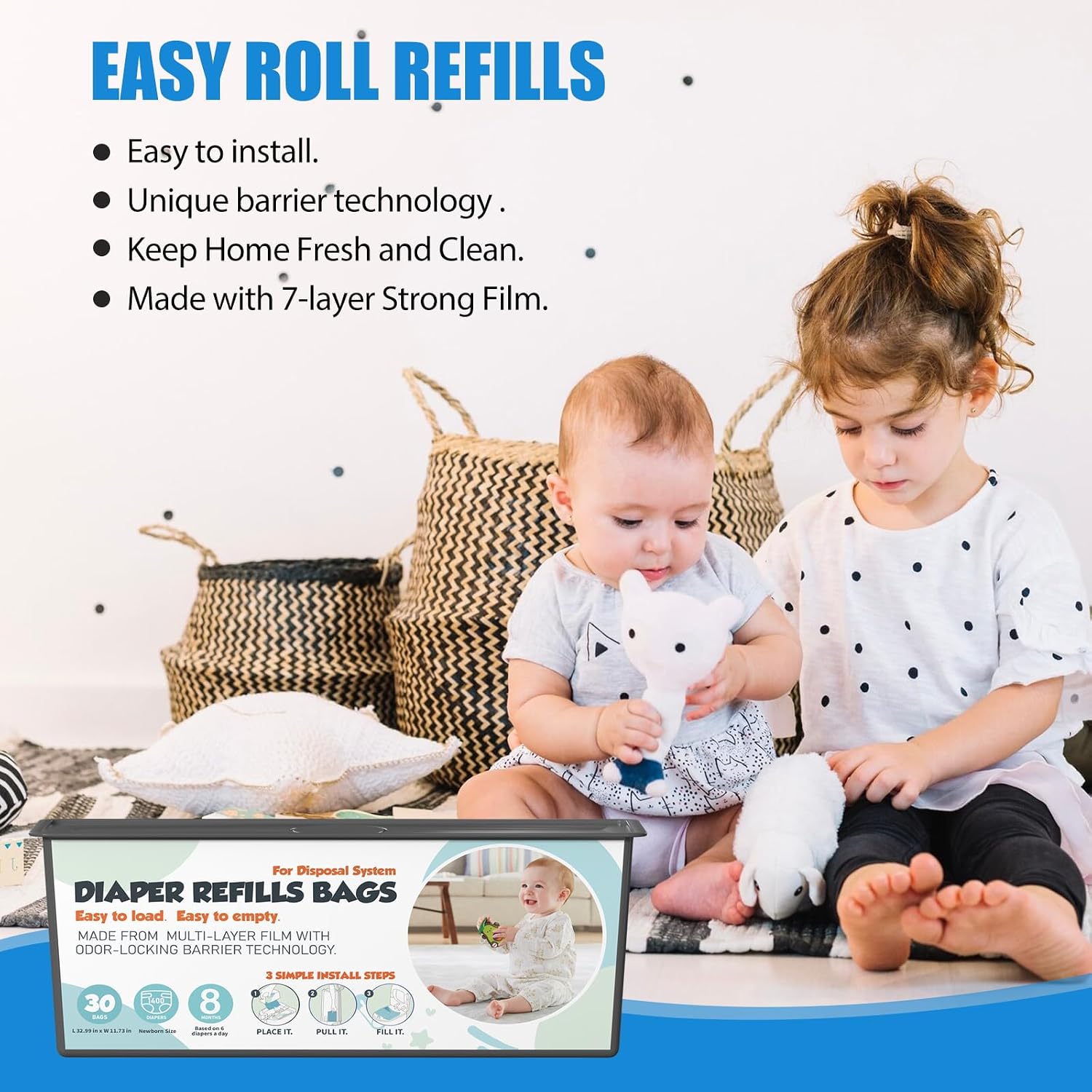 Diaper Pail Refills Bags with 30 Bags Compatible with Genie Easy Roll Signature and Platinum Diaper Pails, 7-Layer Odor-Barrier Technology, 2 Pack (60 Bags)