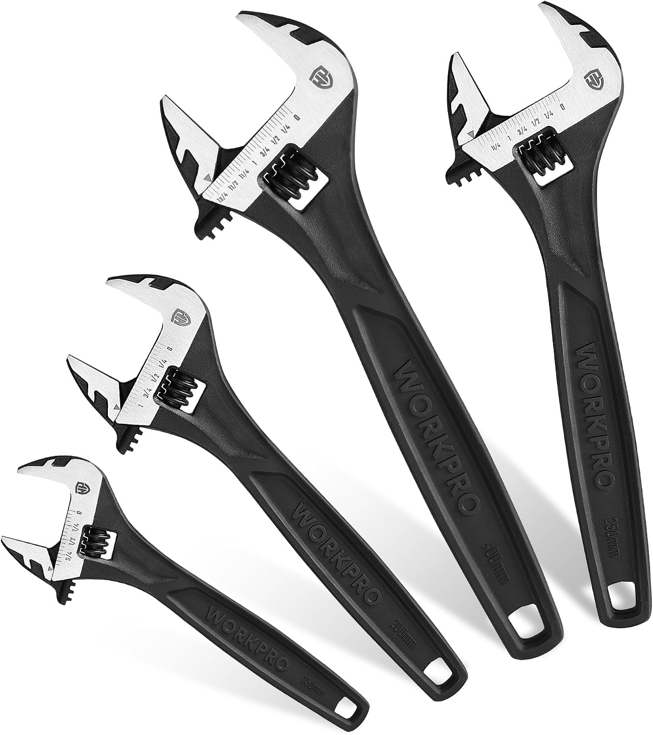 WORKPRO 4-Piece Adjustable Wrench Set, 6"-12", Cr-V Steel, Black Oxide