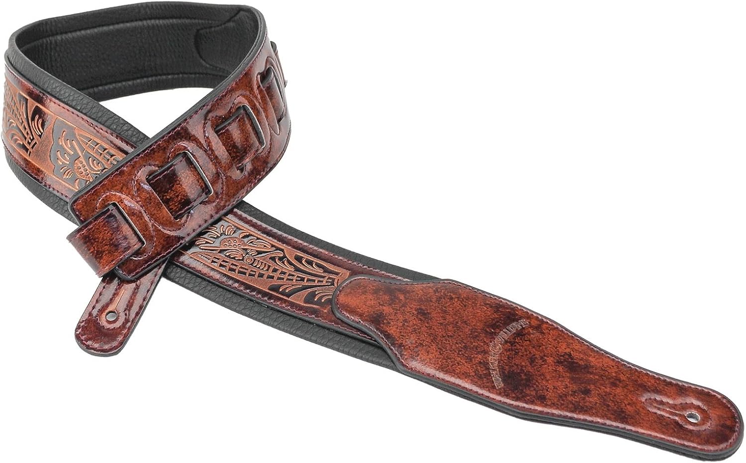 Walker & Williams GB-101 Bourbon Brown Handmade Padded Leather Strap Classic Live Oak Pattern For Acoustic, Electric, And Bass Guitars