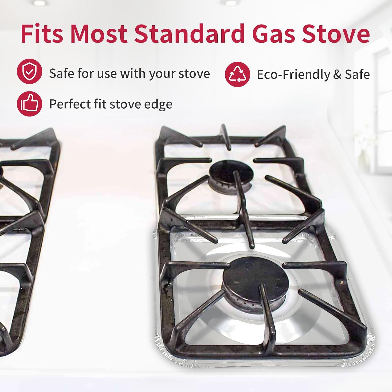 50pc Aluminum Gas Stove Burner Covers -Thicker Foil Square Burner Liners - Disposable Gas Range Protectors, 50 Pack（Outer diameter: 8.5 x 8.5 inch）
