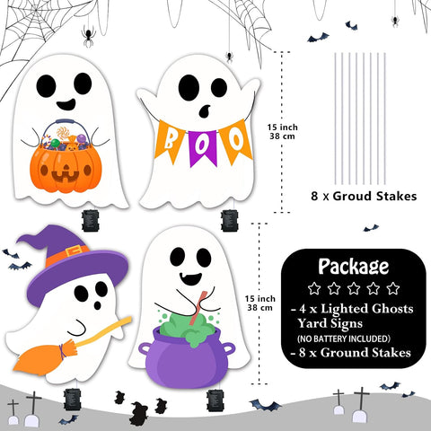 Lighted Cute Ghost Yard Signs, 4 Packs Halloween Decorations Outdoor Scary Witch Pumpkin Boo Signs with Lights for Lawn Garden Yard Stakes Outside Halloween Decoration Decor Clearance