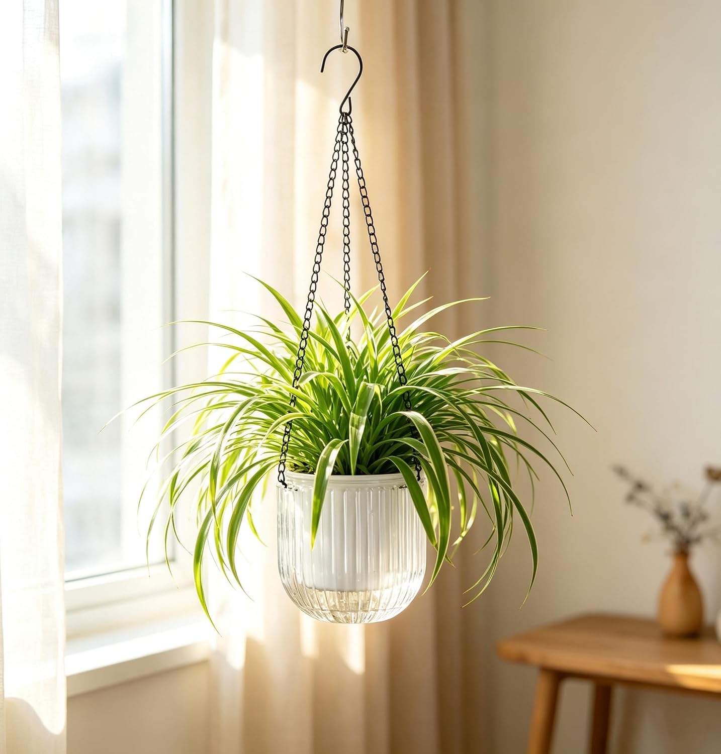 Melphoe 2 Pack Self Watering Hanging Planters Indoor Flower Pots, 5.3 Inch Outdoor Hanging Basket, Plant Hanger with 3Hooks Drainage Holes for Garden Home (White)