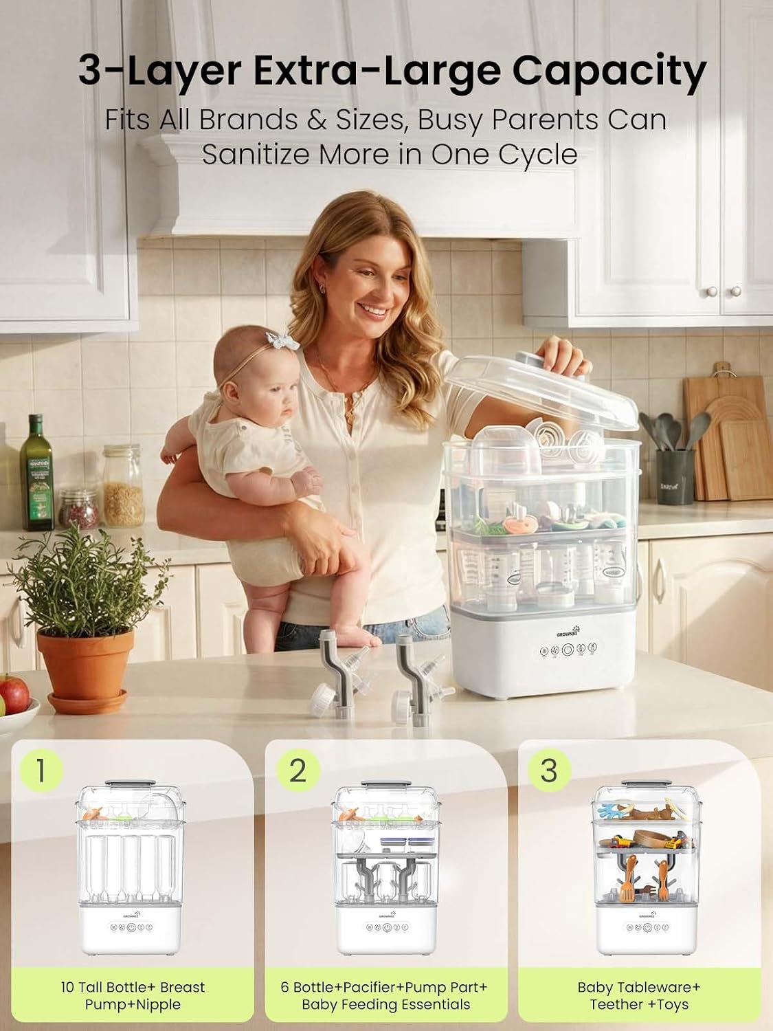 GROWNSY Baby Bottle Sterilizer and Dryer, 3-Tier, with Travel Kit
