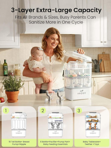 GROWNSY Baby Bottle Sterilizer and Dryer, 3-Tier, with Travel Kit