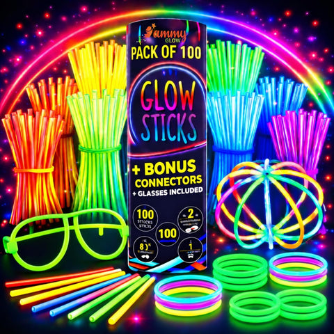 Ammy Glow Glow Sticks (205 Pcs Kit) Bulk Party Pack-100 Pack Glow Sticks with Connectors & Glasses- Party Favors for Kids 8-12- Neon Glow in The Dark Party Supplies for Birthdays & Events