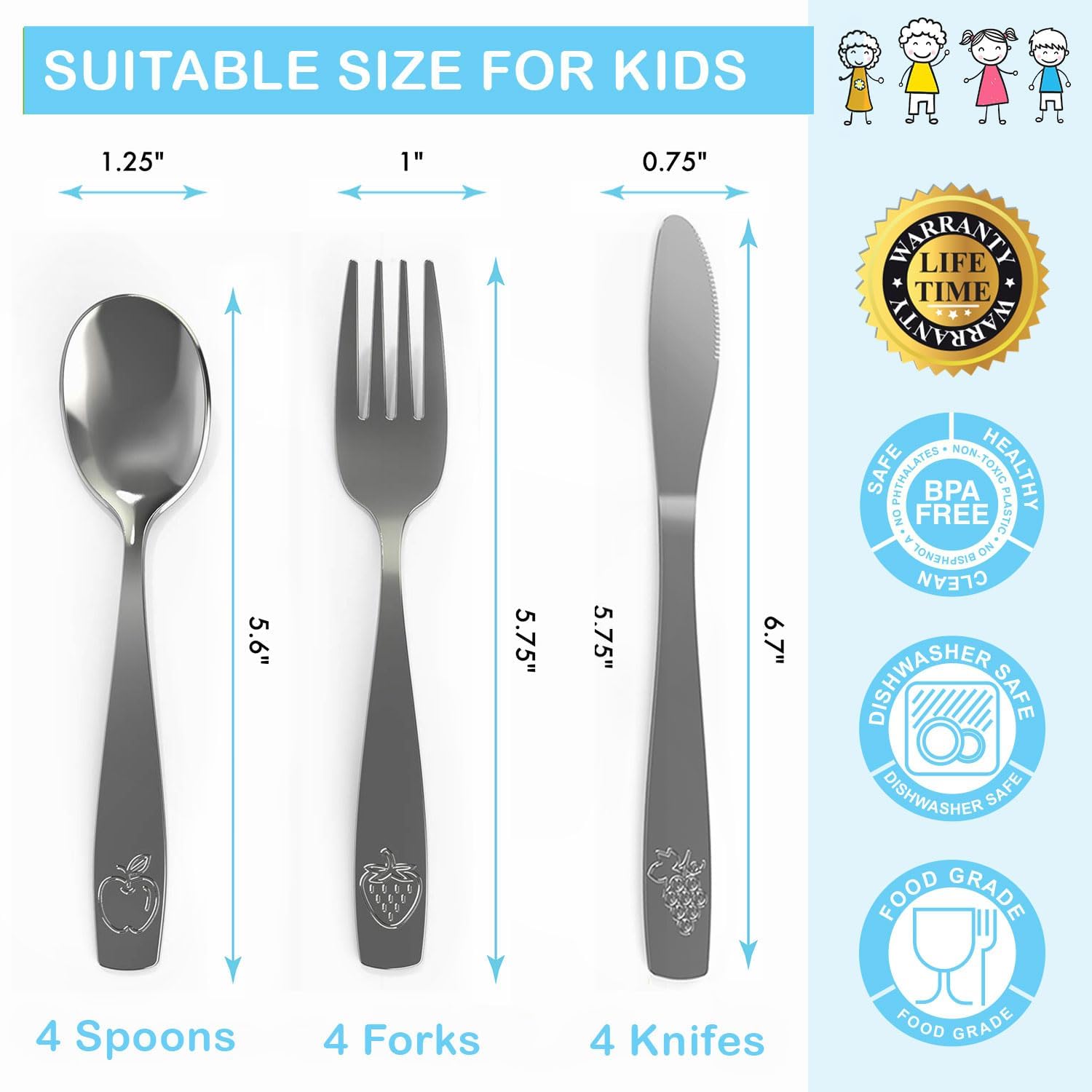 6 Piece Stainless Steel Kids Silverware Set - Child and Toddler Safe Flatware - Kids Utensil Set - Metal Kids Cutlery Set Includes 2 Small Kids Spoons, 2 Forks & 2 Knives