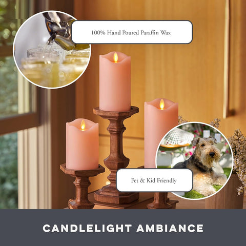 Matchless Candle Co. Flameless LED Battery Operated Flickering Pillar Candles - Pastel Pink - Set of 3 - Indoor Outdoor Decor Safe