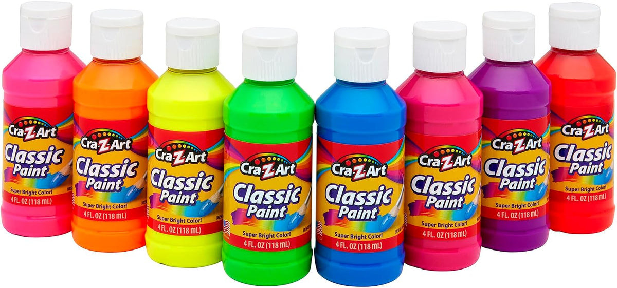 Cra-Z-Art Classic Washable Paint 4oz 8ct POP! Neon, Bright and Bold Colors for Arts & Crafts, School Projects, Creative Play & More! Made in USA