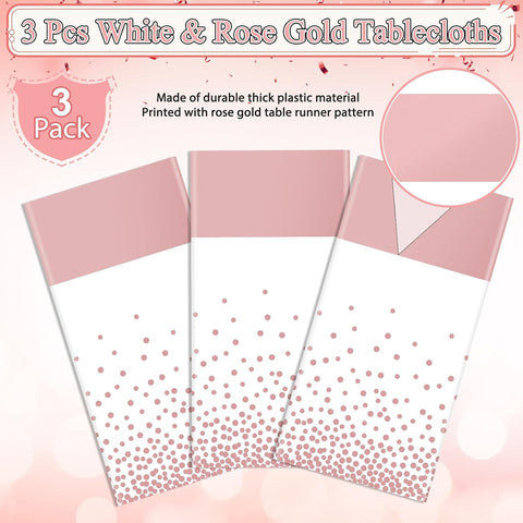 3Pcs White and Rose Gold Tablecloth Party Decorations,Plastic White Table Cloth Printed Rose Gold Table Runner Disposable Rectangle Cover for Birthday Anniversary Wedding Grad Party,54 x108 Inch