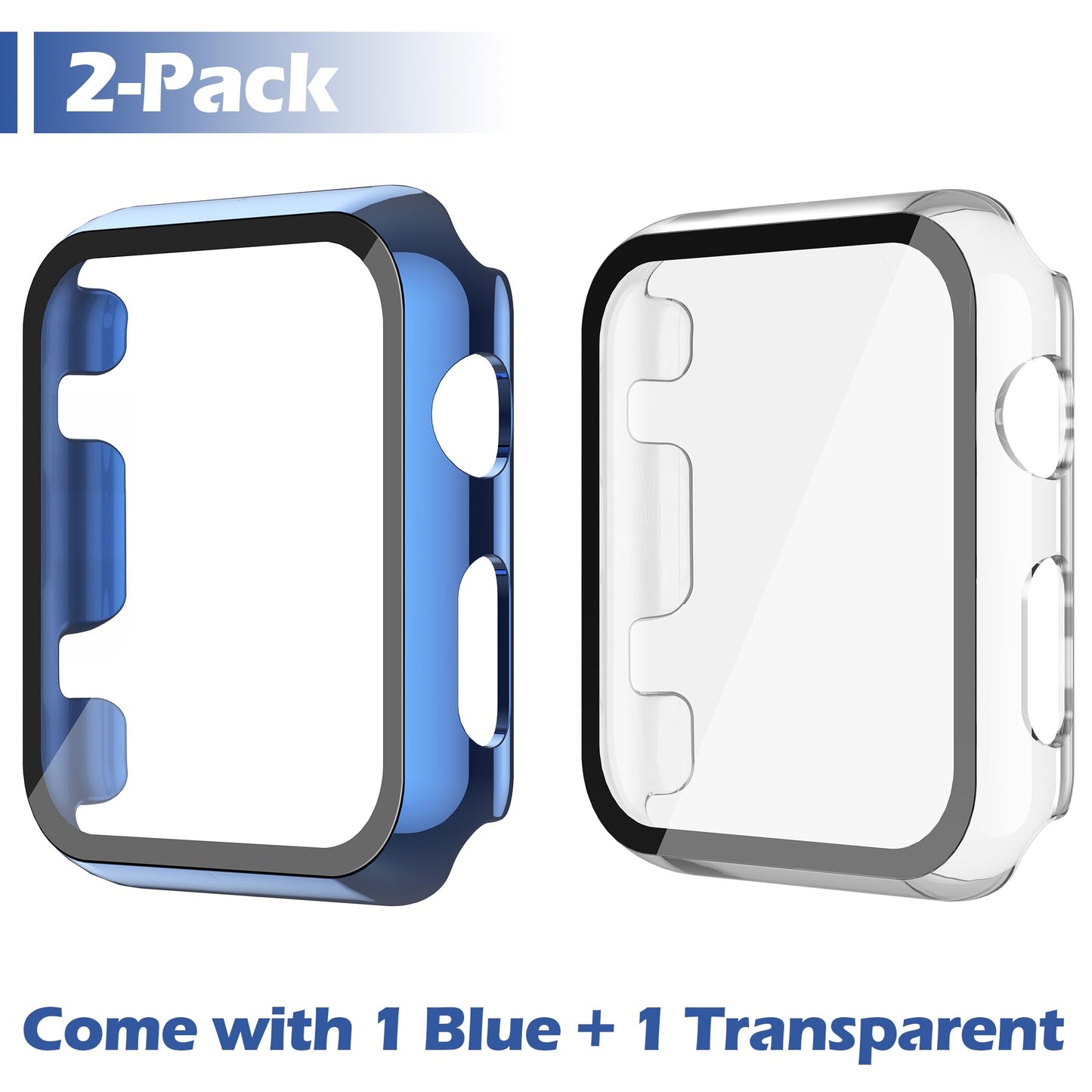 Misxi 2 Pack Hard PC Case with Tempered Glass Screen Protector Compatible with Apple Watch Series 2 Series 3 42mm, Anti-Drop Scratch Resistant Lightweight Cover for iWatch, 1 Blue + 1 Transparent