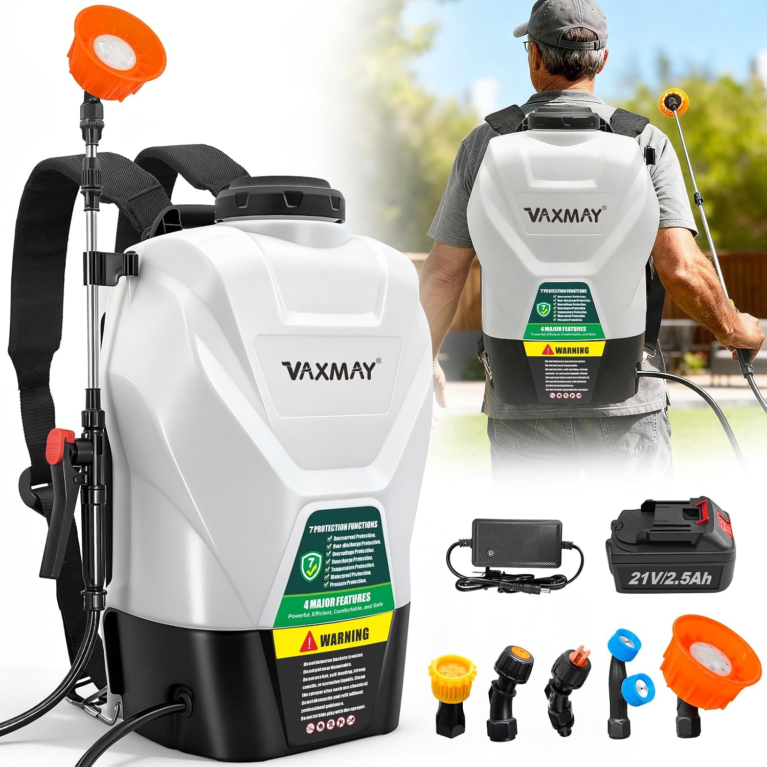 VAXMAY Backpack Sprayer 4.2 Gallon Battery Powered, 100 PSI Electric Garden Sprayer Works with Makita 18V Battery, Weed Lawn Yard Sprayer with 42" Telescopic Wand, 5 Nozzles, 2.5Ah Battery & Charger