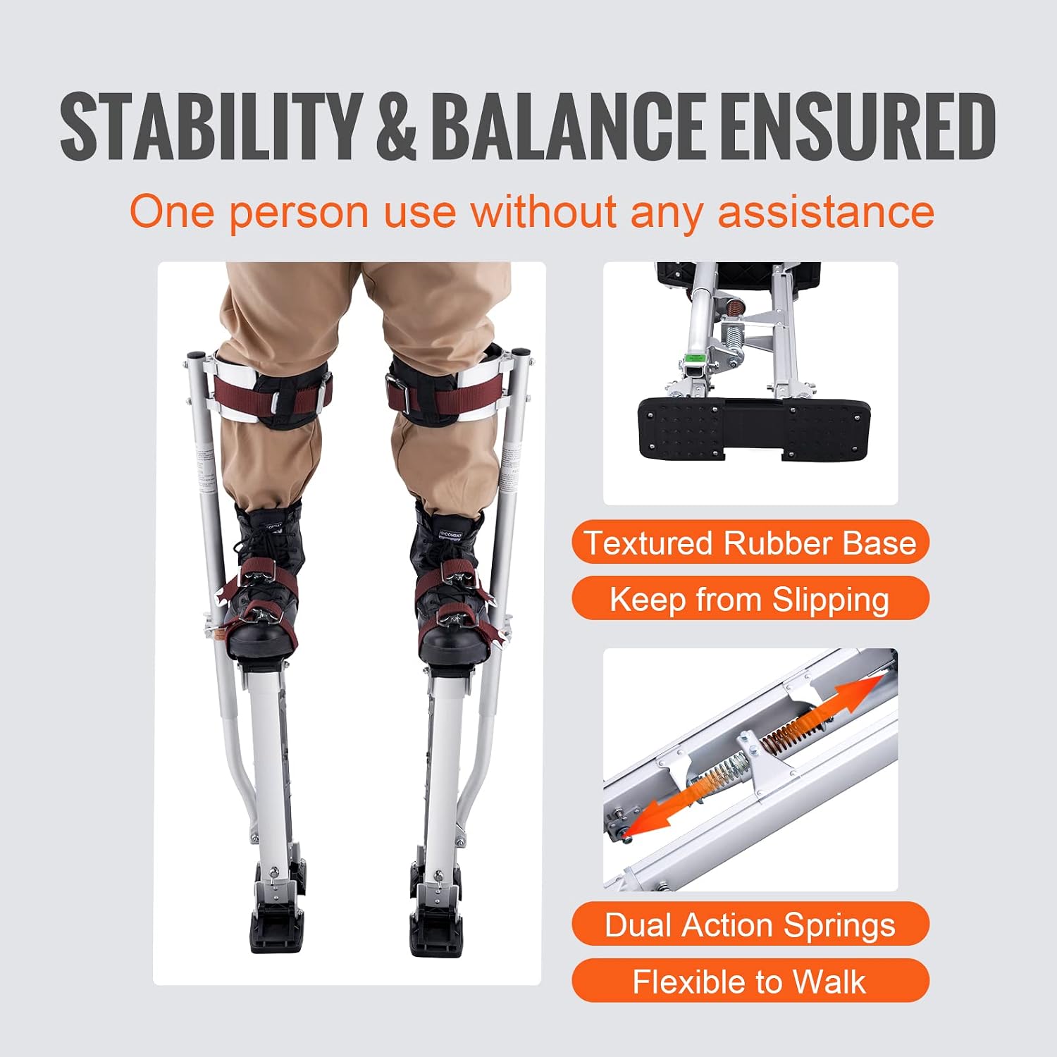VEVOR 18''-30'' Adjustable Aluminum Drywall Tool Stilts, Durable Non-Slip Work Stilts with Protective Knee Pads, for Sheetrock Painting, Taping, Walking, Silver
