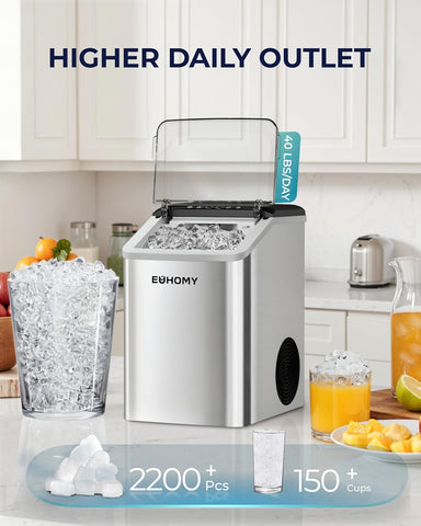 EUHOMY Nugget Ice Maker Countertop, Max 40lbs/Day, Auto-Cleaning, 2Qt Reservoir, Compact Sonic Ice Maker with 2.5lbs Basket and Scoop, Soft Chewable Nugget Ice for Home/Party/RV/Camping (Stainless)