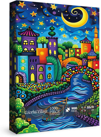 Fantasy Houses Scenic Puzzles for Adults 1000 Pieces, Mystery Beautiful Art Jigsaw Puzzles, Pretty Colorful Night Puzzles