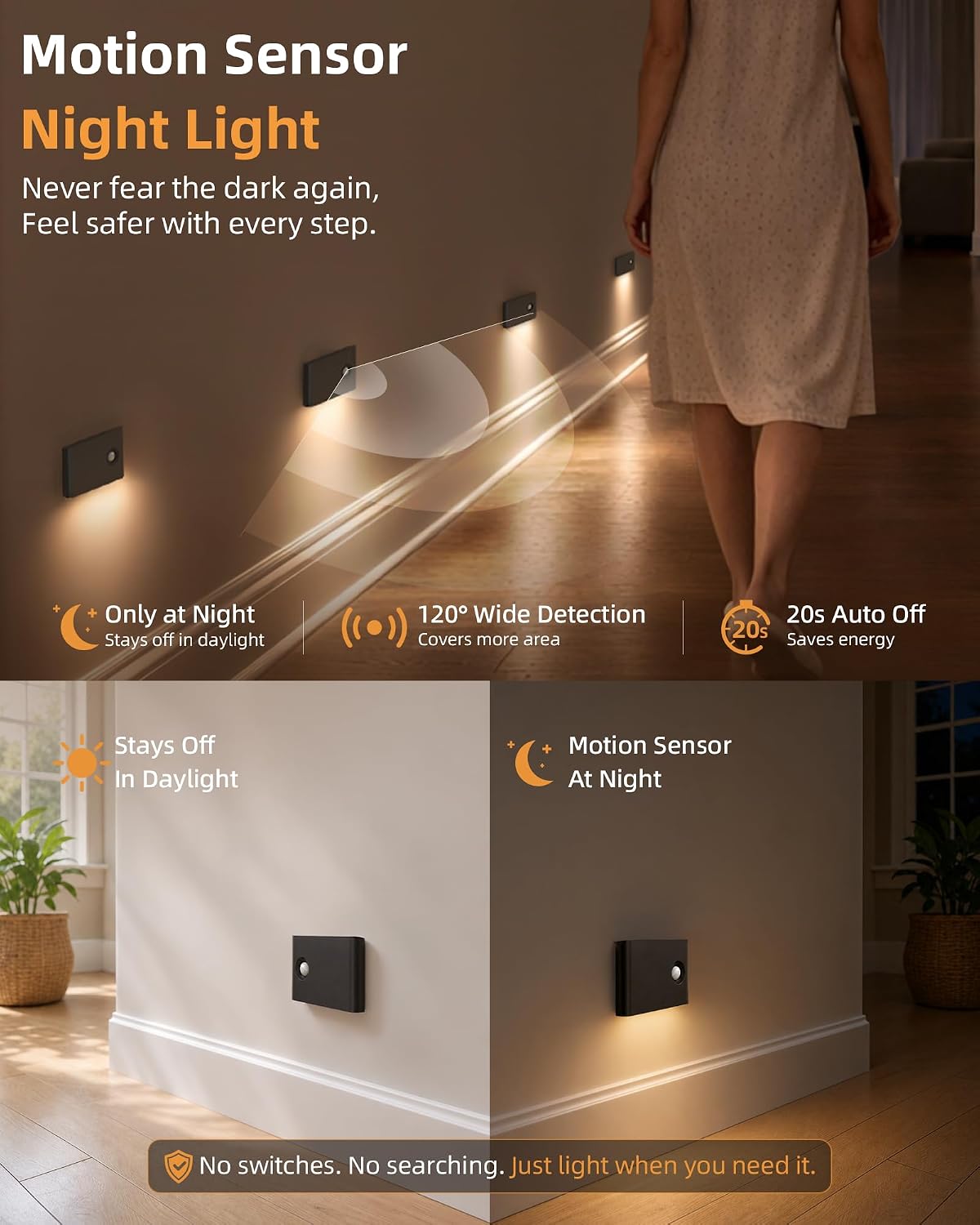 EZVALO 6 Pack Motion Sensor Night Lights with Charging Station, Sync LED Stair Lights Indoor, 1500mAh Rechargeable, Magnetic & Dimmable, 3000K Soft White, Portable Nightlight for Hallway (Black)