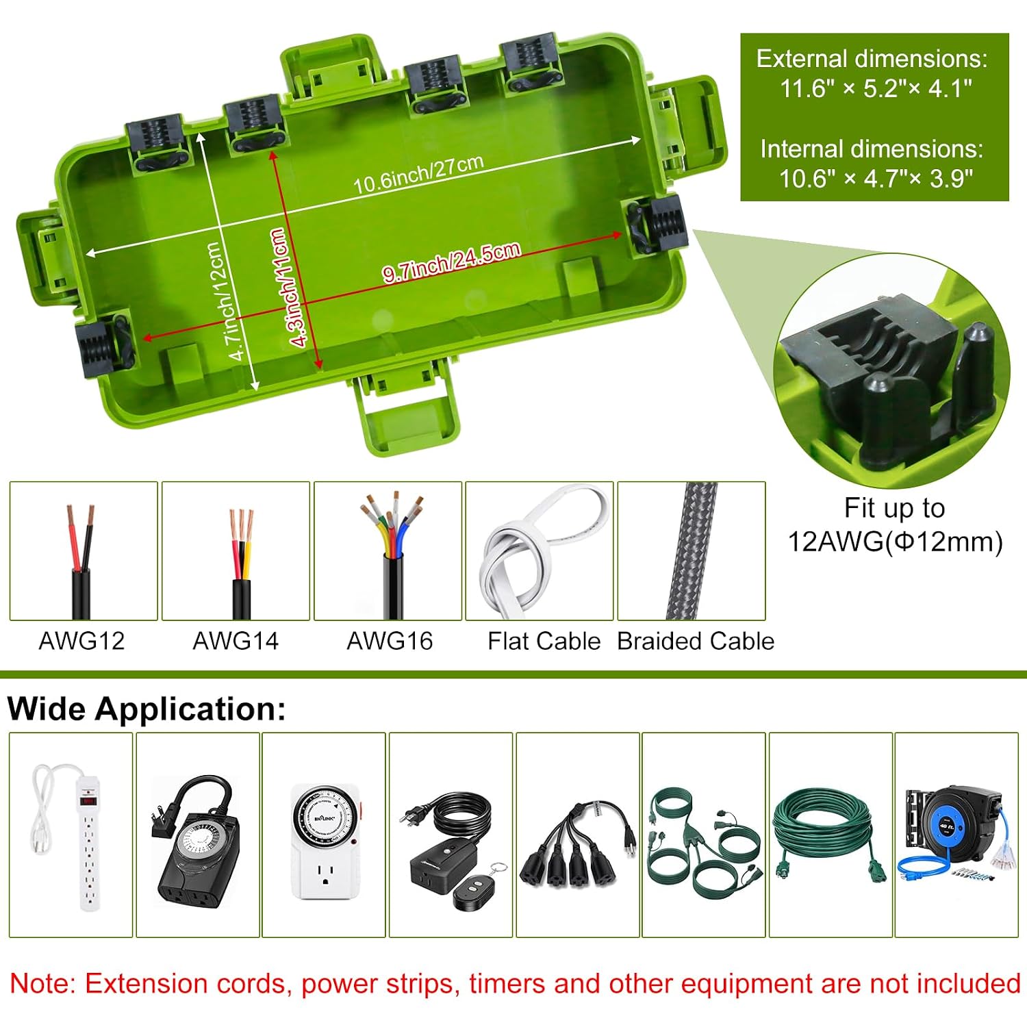 [2 Pack] Outdoor Electrical Box Waterproof, OUTDSPLY Medium Outdoor Electrical Box (11.6x5.2x4.1 inch)w/ 6 Cable Entry, Weatherproof Connection Box for Power Strip, Plug, Timer, Holiday Lights, Green