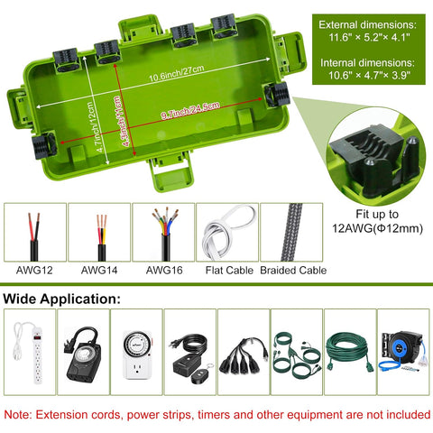 [2 Pack] Outdoor Electrical Box Waterproof, OUTDSPLY Medium Outdoor Electrical Box (11.6x5.2x4.1 inch)w/ 6 Cable Entry, Weatherproof Connection Box for Power Strip, Plug, Timer, Holiday Lights, Green