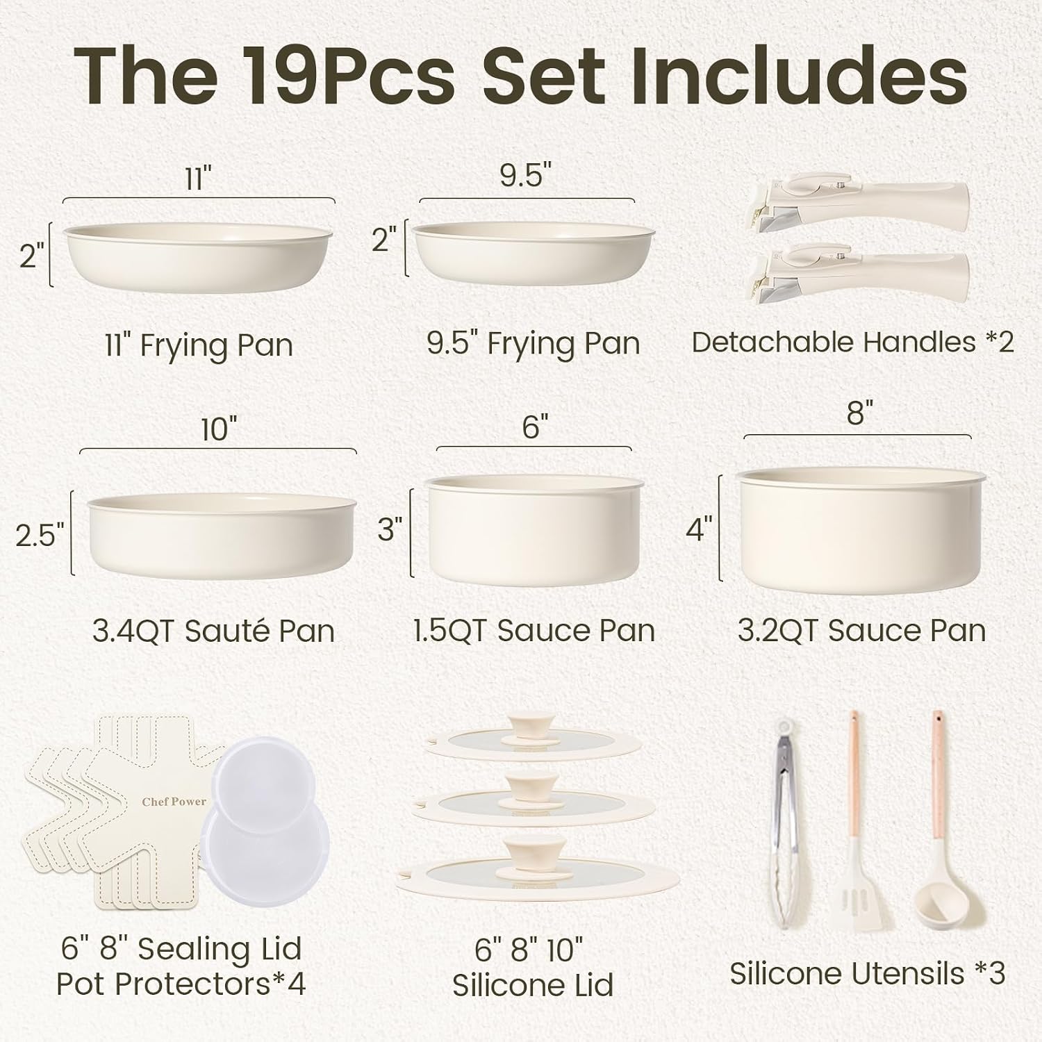 Chef Power 19 Pcs Nonstick Pans and Pots Set, Ceramic Detachable Cookware