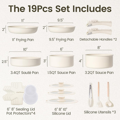 Chef Power 19 Pcs Nonstick Pans and Pots Set, Ceramic Detachable Cookware