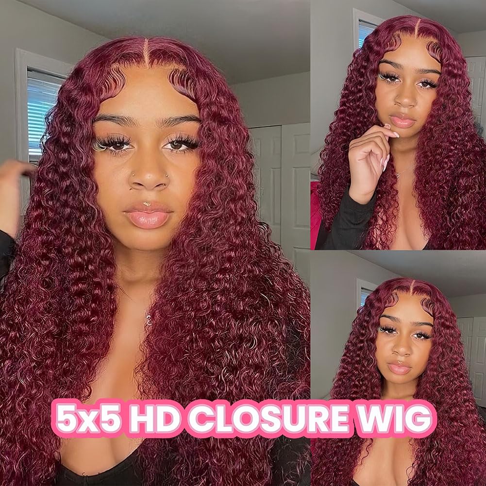 99j Burgundy Deep Wave Lace Front Wigs Glueless Wigs Human Hair Pre Plucked Pre Cut 5X5 HD Lace Closure Human Hair Curly 180% Density Lace Front Wigs for Black Women 22 Inch