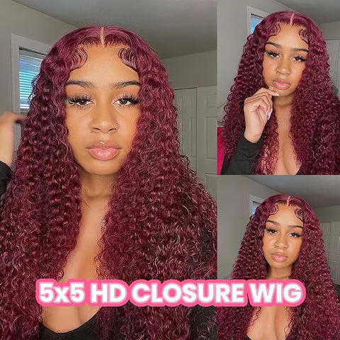 99j Burgundy Deep Wave Lace Front Wigs Glueless Wigs Human Hair Pre Plucked Pre Cut 5X5 HD Lace Closure Human Hair Curly 180% Density Lace Front Wigs for Black Women 22 Inch