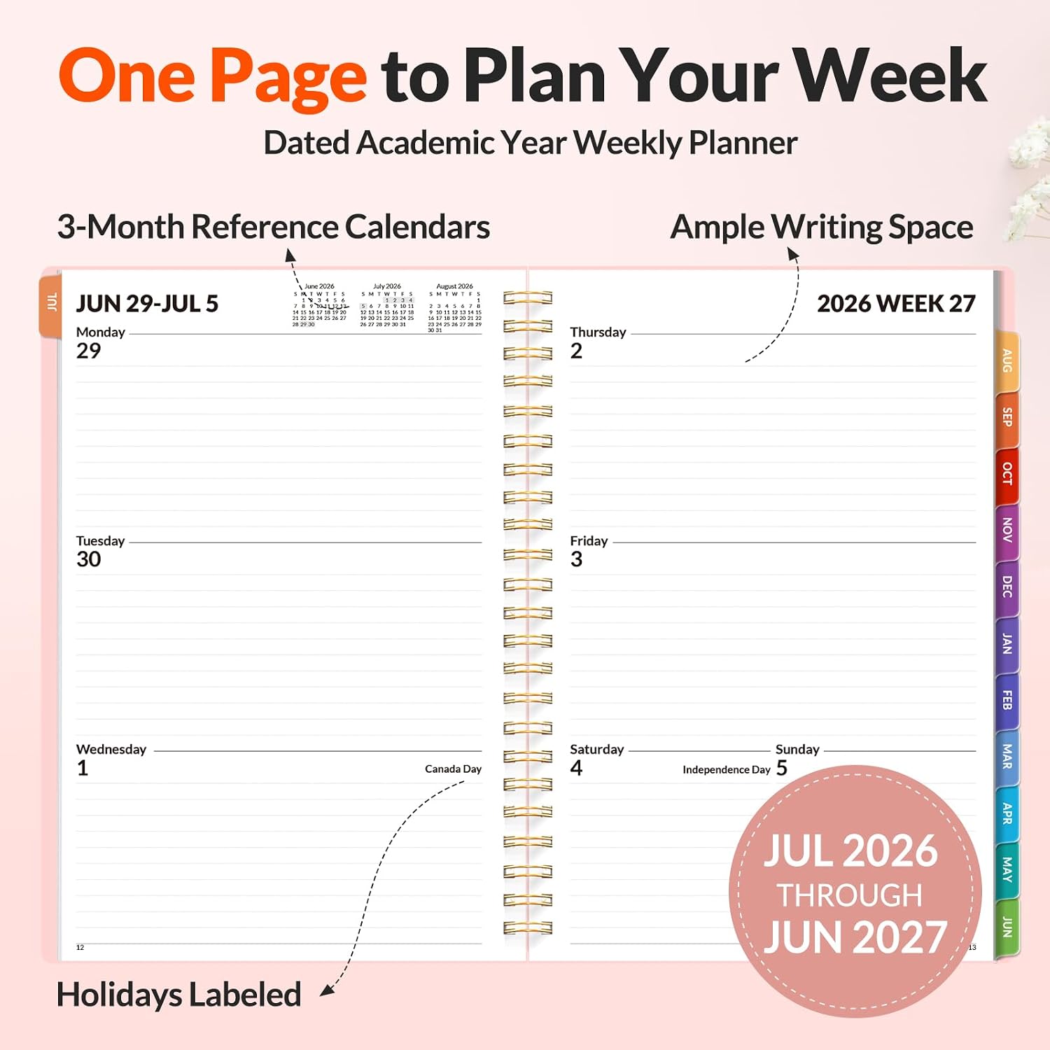 SUNEE Academic Planner 2026-2027 – Weekly & Monthly Planner, July 2026 to June 2027, 6.4"x8.3", Thick Paper, Tabs, Pockets, Bookmark, Spiral-Bound, Student Teacher Organizer, Pink