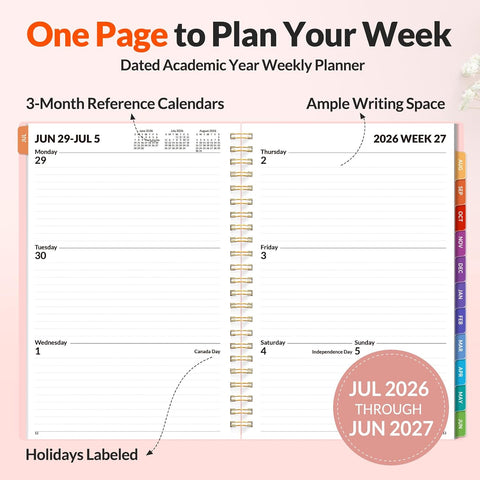 SUNEE Academic Planner 2026-2027 – Weekly & Monthly Planner, July 2026 to June 2027, 6.4"x8.3", Thick Paper, Tabs, Pockets, Bookmark, Spiral-Bound, Student Teacher Organizer, Pink
