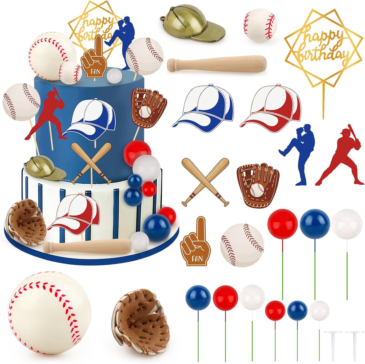 Hooqict 26Pcs Baseball Cake Decorations Set with Mini Balls, Player, Caps, Gloves, Bats, Baseball Birthday Cake Toppers & Cupcake Toppers for Boys Men Sports Themed Birthday Party Decorations Supplies