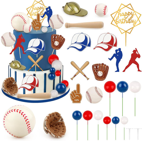 Hooqict 26Pcs Baseball Cake Decorations Set with Mini Balls, Player, Caps, Gloves, Bats, Baseball Birthday Cake Toppers & Cupcake Toppers for Boys Men Sports Themed Birthday Party Decorations Supplies
