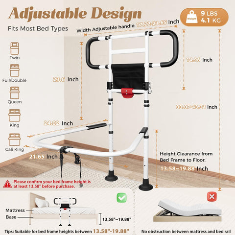 Bed Rails for Elderly Adults Foldable Safety Rail with Light 400LBS