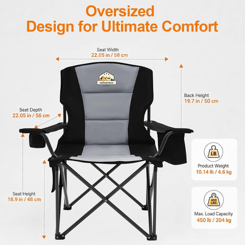 Colegence Oversized Heavy Duty Camping Chairs, 2 Pack, 450 lb, Black