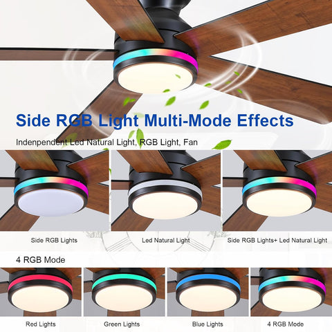 Brown RGB Ceiling Fans with Lights - 46" Flush Mount Ceiling Fan with Remote APP, RGB+3CCT Dimmable Led Light, Reversible 6 Wind Speeds&2H Timer, Low Profile Modern Fan Light Fixture for Bedroom Party