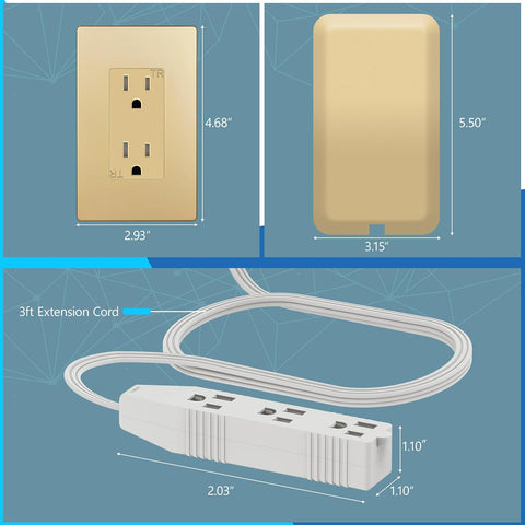 LIDER Flat-Face Outlet Extender, 3 Receptacles, 3ft Cord, 1625W, Matte Gold