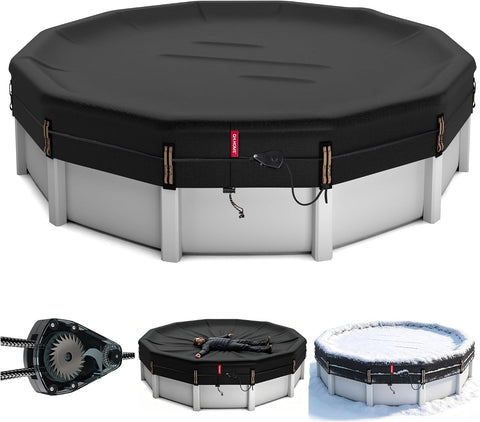 QH.HOME 28 Ft Heavy Duty Winter Pool Cover for 27/28 Ft Steel Wall Pool, 4 ft Overlap (32 ft Cover Size) [Excellent Windproof ] Fast Tightening Ratchet & Counterweight Ring,Cold and UV Resistant