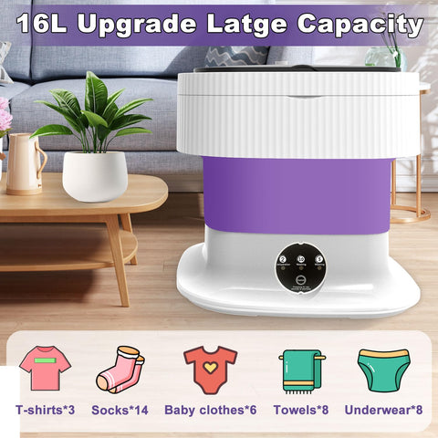 Mini Portable Washing Machine Small - 16L 60W Portable Mini Washing Machine with Spin, Mini Lavadora Portatil Washer Foldable, Small Washing Machine Portable Used for Travel Baby Purple