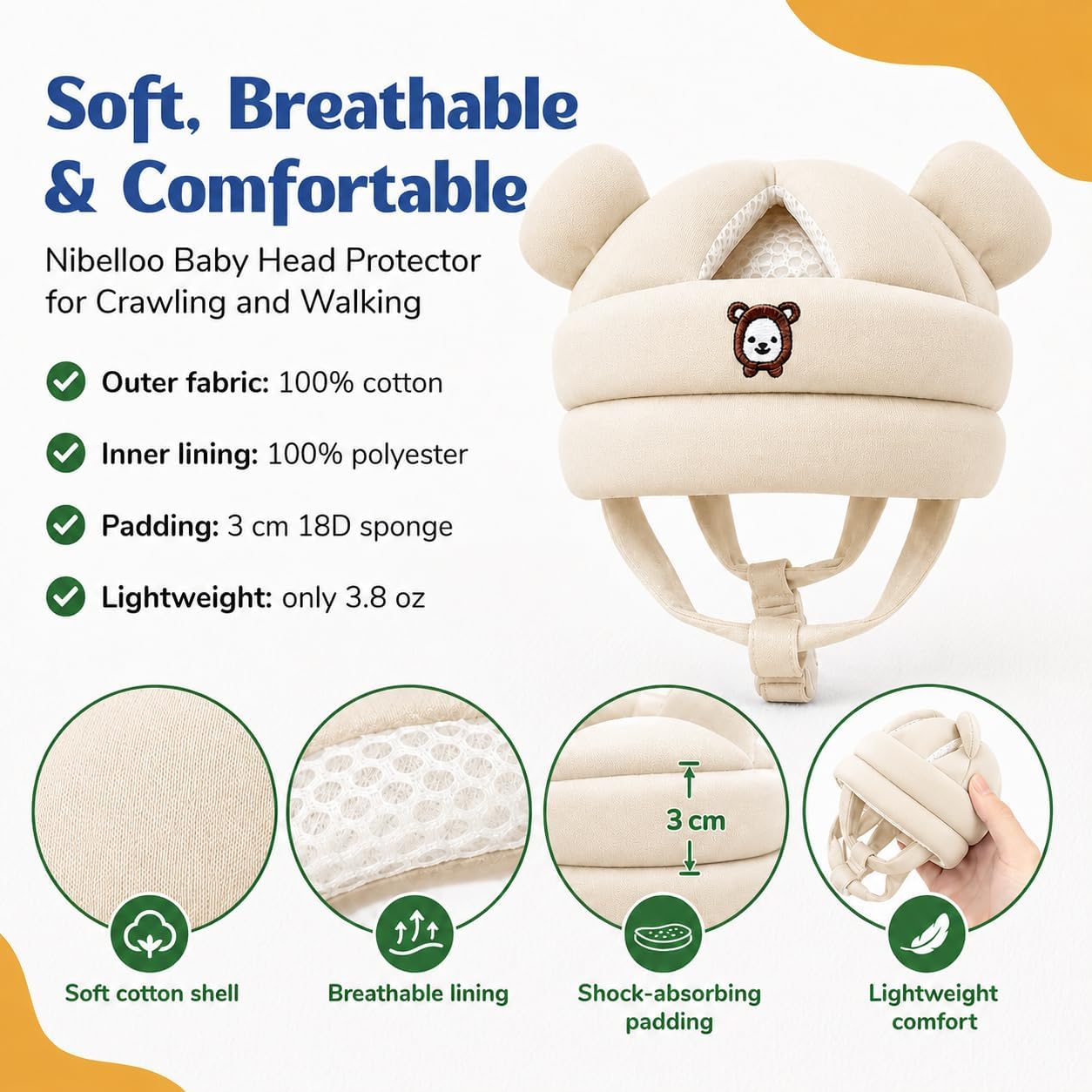 Baby Head Protector for Crawling Walking, Infant Helmet with Foam Bumpers, Adjustable Baby Helmet for Crawling Walking, Toddler Helmet - Head Protector for Baby Walking 12-36 Months.