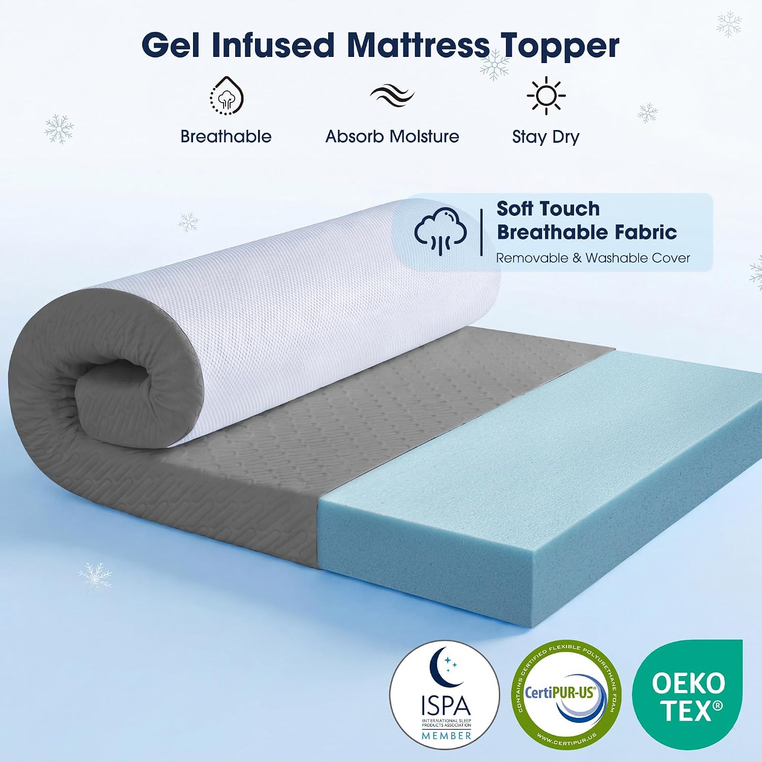 VALUXE 3 Inch Gel Memory Foam Mattress Topper California King Size High Density Cooling Pad Pressure Relief Bed Topper Grey (with Removable & Washable Bamboo Cover)