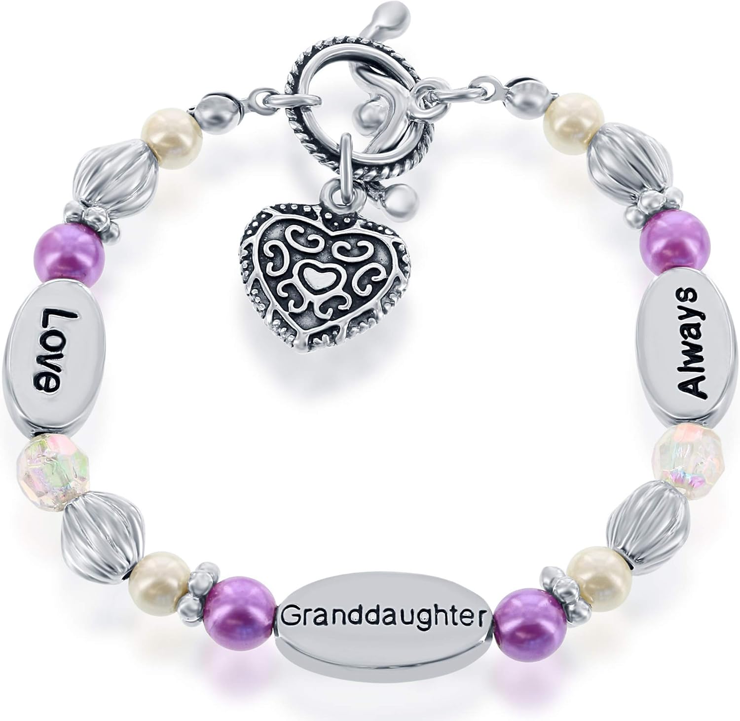 Granddaughter Gift - Stretch Heart Charm Bracelet - Gift Boxed with Sentimental Card - 'Love Granddaughter Always' with Beads & Synthetic Pearls