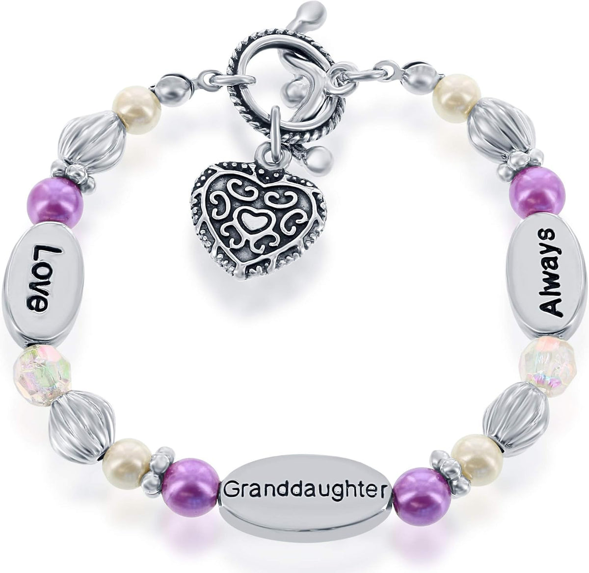 Granddaughter Gift - Stretch Heart Charm Bracelet - Gift Boxed with Sentimental Card - 'Love Granddaughter Always' with Beads & Synthetic Pearls
