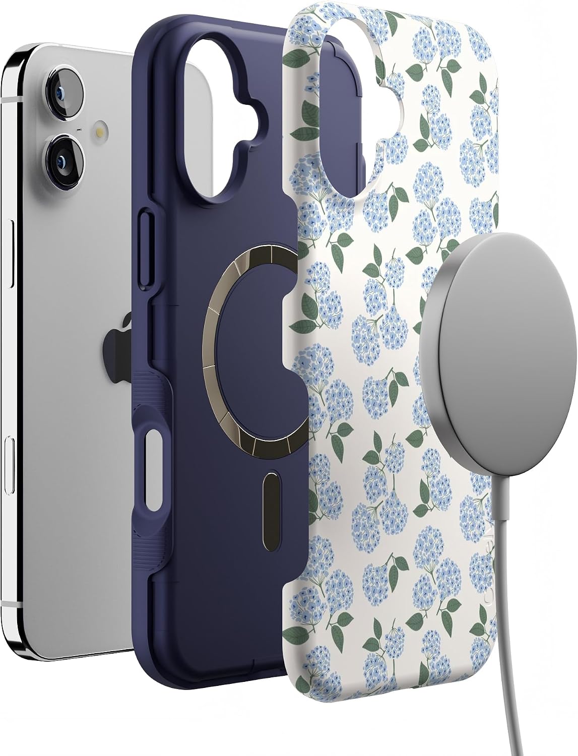 Casely iPhone 16 Plus Case | Nantucket Cottage | Blue Hydrangea | Bold Protective Design | Compatible with MagSafe