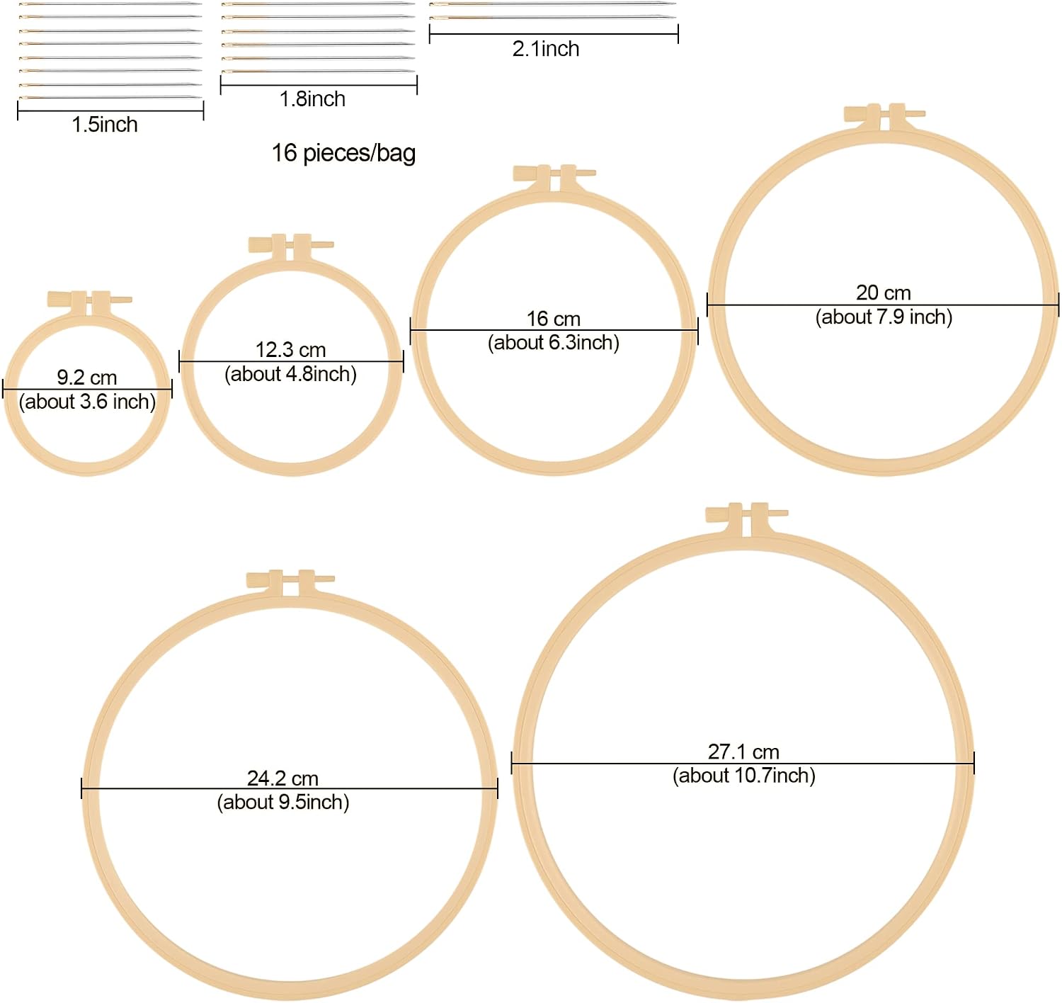 6 Pcs Embroidery Hoop, Round Plastic Cross Stitch Hoop with 16 Needles (3.6In to 10.7 in), Small Embroidery Hoop, Cross Stitch Hoops and Frames, Suitable for Embroidery, Craft Sewing