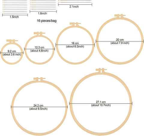 6 Pcs Embroidery Hoop, Round Plastic Cross Stitch Hoop with 16 Needles (3.6In to 10.7 in), Small Embroidery Hoop, Cross Stitch Hoops and Frames, Suitable for Embroidery, Craft Sewing