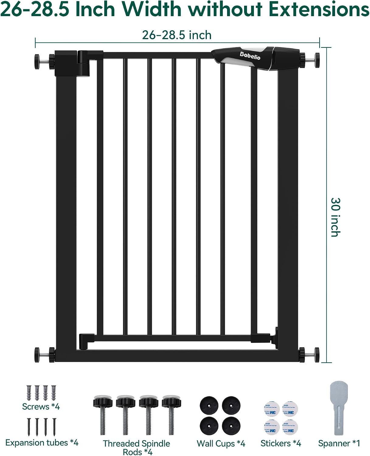 Bebelio 26–28.5" Narrow Baby Gate, No Driiling, PressGuard P7, Black