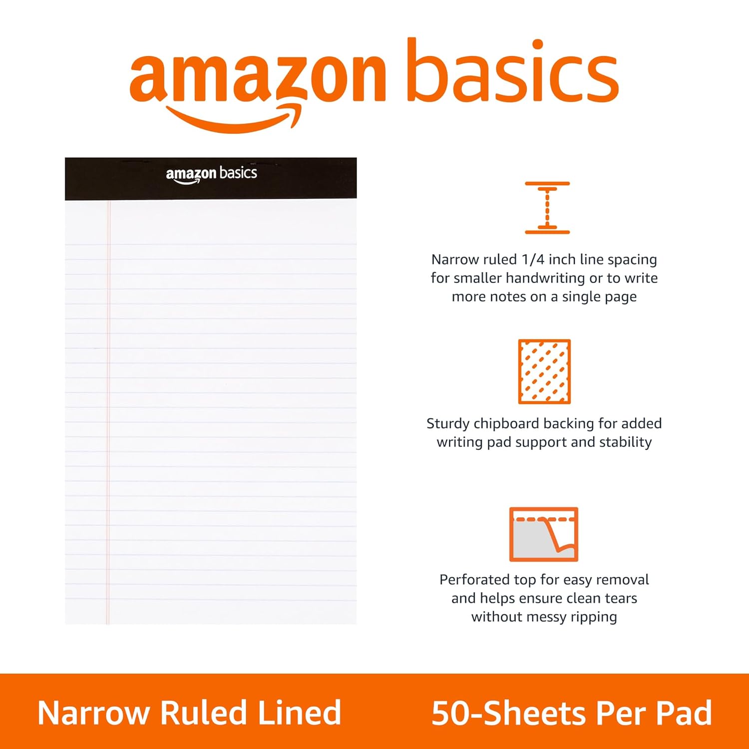 Amazon Basics Narrow Ruled Lined Writing Note Pads for Notes, Office Supplies, 5" x 8", White, 12-Pack of 50 Pages, Perforated